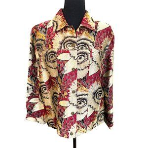 Sunflower Print Design Jacket Blazer Top Plus Size 1 Silk Blend Red Black Boho